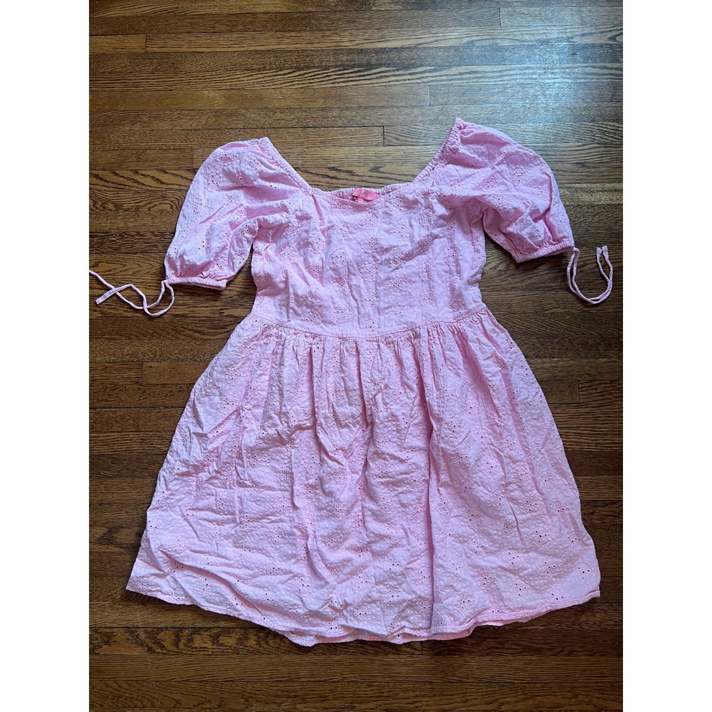 Simply Southern Pink Eyelet Cotton Puff Sleeve Smocked Back Dress Small